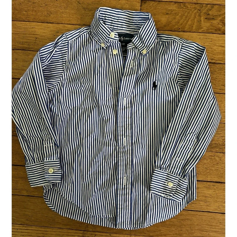 Ralph Lauren Toddler Boys Blue White Striped Button Down Shirt Navy Pony 3/3T